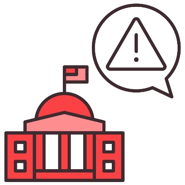 A speech bubble showing a problem icon above a government building.