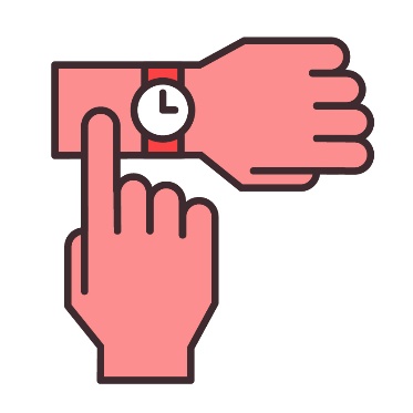 Hand wearing a watch with another hand pointing at it.