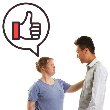 A person talking to their representative. They have a speech bubble showing a thumbs up.