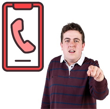 A phone and a person next to it pointing at 'you'.