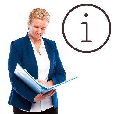A person looking at a file and an information icon above them.