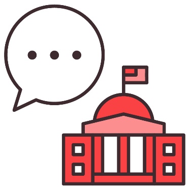 A speech bubble next to a government building.