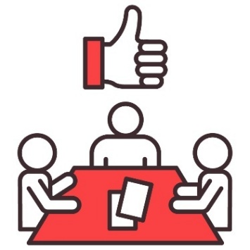 3 people sitting at a table with a thumbs up icon above.