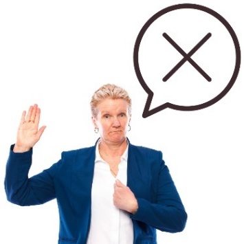 A person raising their hand and pointing to themself. They have a speech bubble showing a cross.