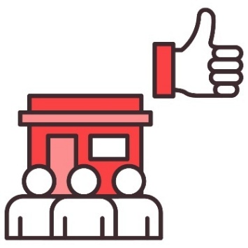 3 people in front of a building with a thumbs up icon above.