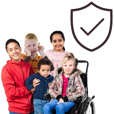 A group of children and young people with a safe icon above them.