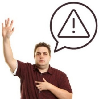 A person raising their hand. Above is a speech bubble showing a problem icon.