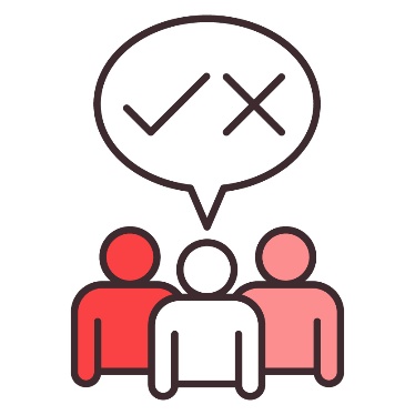3 people with a speech bubble above showing a tick and a cross.