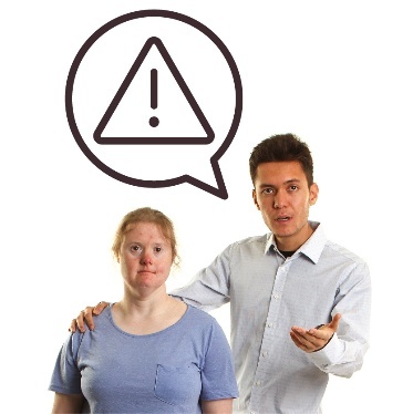 A representative supporting someone. Above is a speech bubble showing a problem icon.