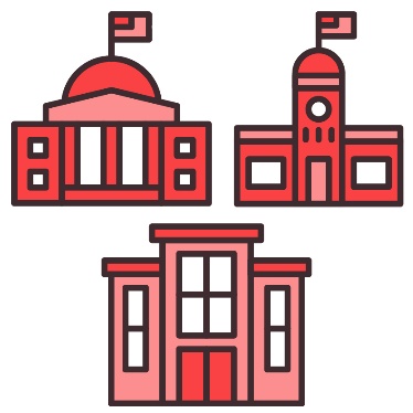 A state government building, a local government building and a business under them.